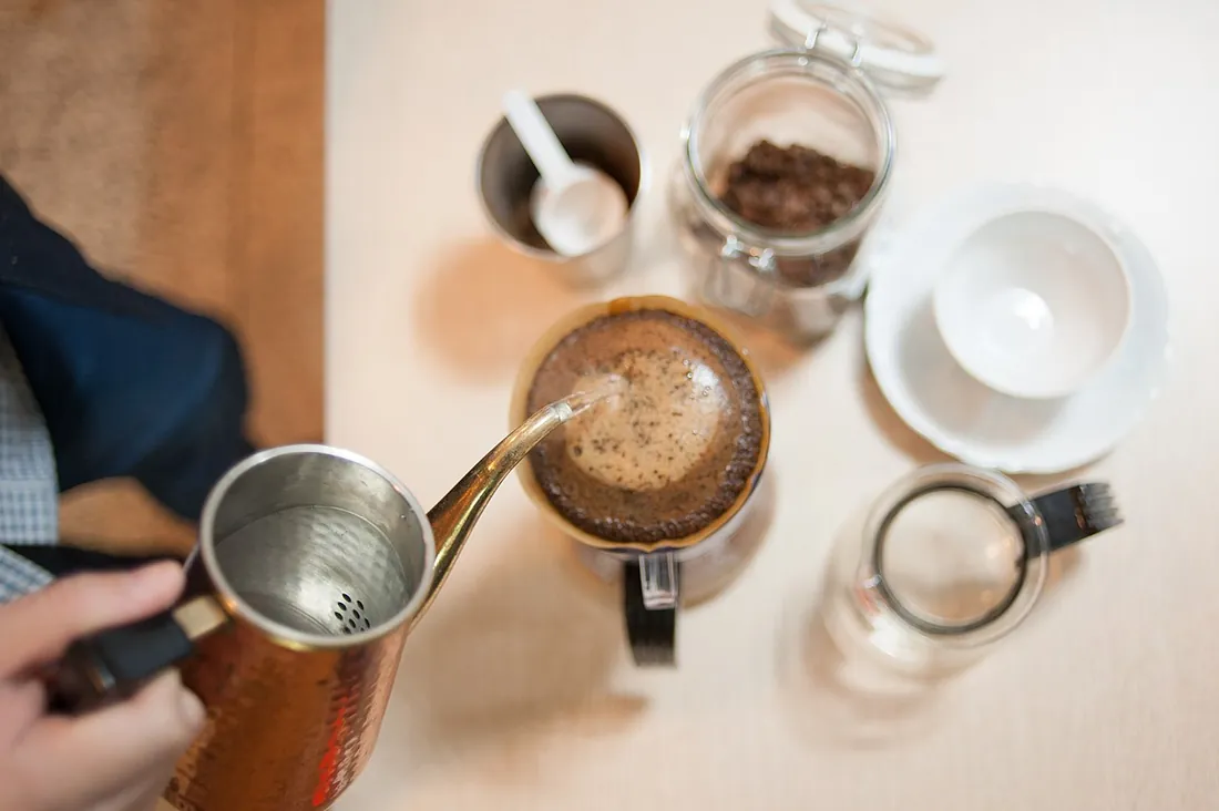 Water poured over ground coffee in a filter